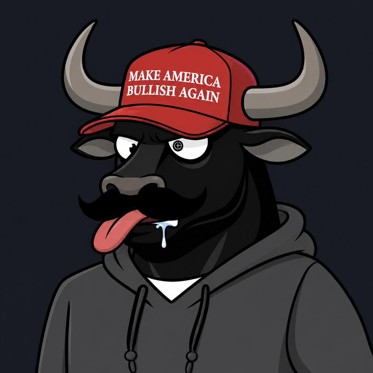 Cartoon black bull wearing a red Make America Bullish Again cap and grey hoodie
